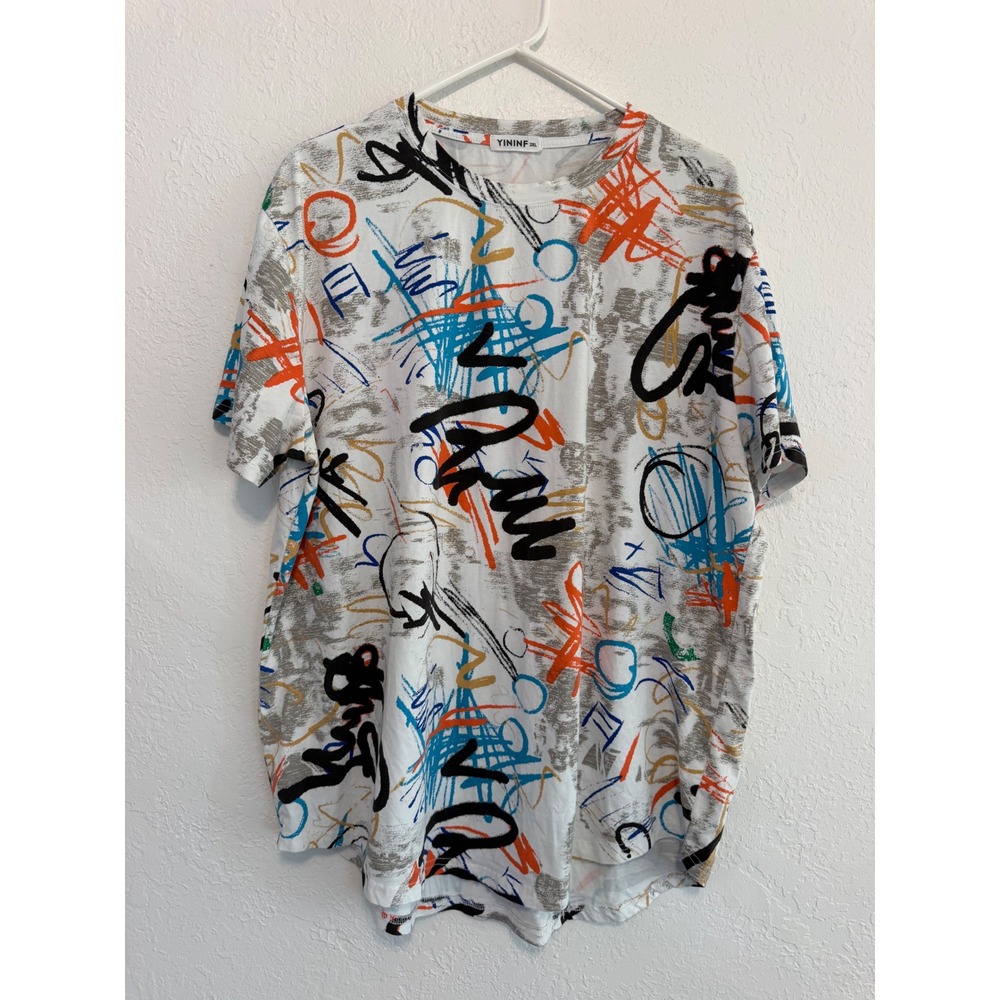 YININF Mens 2XL Graffiti Print T-Shirt White Abstract Streetwear High Low Hem